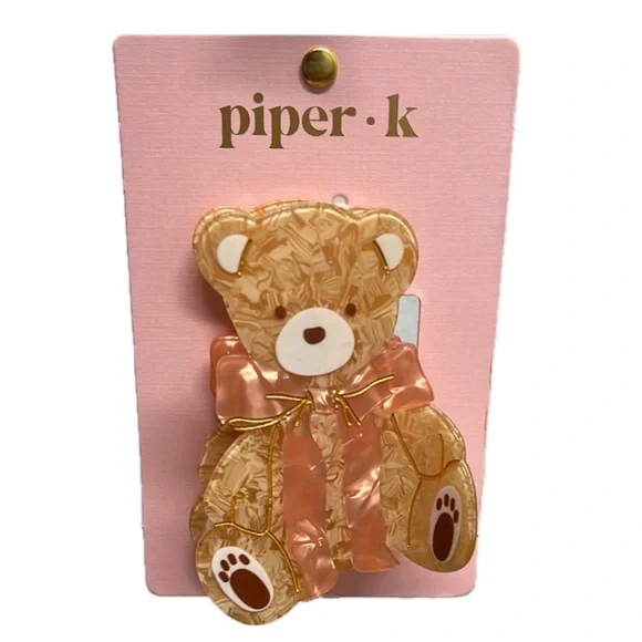 NWT ⚜️🧸⚜️ PIPER K Adorable Teddy Bear Hair Clip in Pink and Brown - Picture 3 of 9